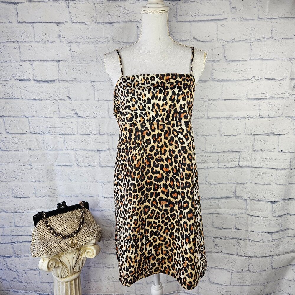 NWT Zara Trafaluc Size L Tan Leopard Print Sleeveless Mini Slip Dress Stretch